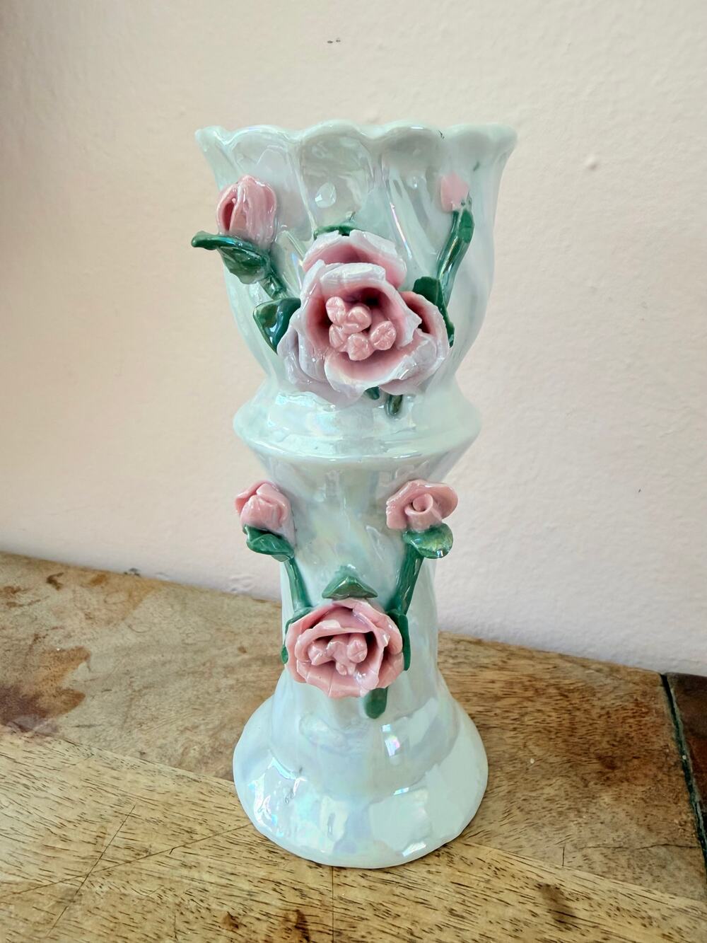 Vintage Lusterware Vase Applied Pink Roses Mint Iridescent Capodimonte Style